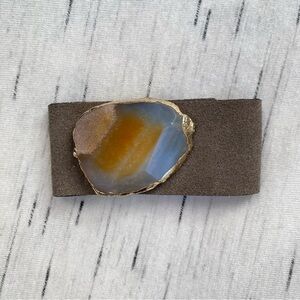 Agate Stone Raw Suede Band Gold Hardware Snaps Bracelet Boho Statement Boutique